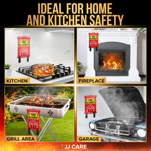 JJ CARE Fire Blanket - 4 Packs with Hooks - Emergency Fire Blanket for Home & Kitchen, High Heat Resistant Fire Suppression Blankets for Home Safety, Kitchen, and Camping